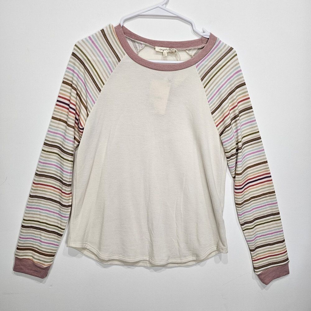 MYSTREE Cream Striped Raglan Lightweight‎ Sweater Small